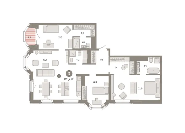 Новая 3-к квартира
 128.2 м² на 7/24 этаже в ЖК «На Некрасова» в городе Тюмень 