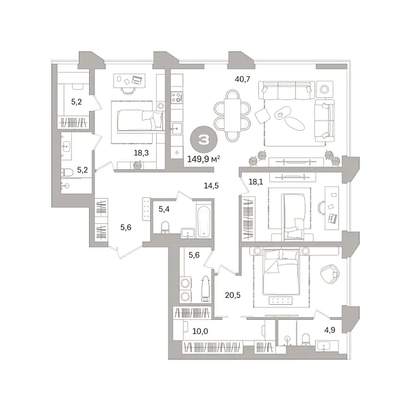 Новая 3-к квартира
 149.89 м² на 19/25 этаже в ЖК «Гоголя 21» в городе Тюмень 