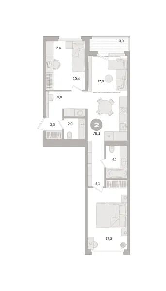Новая 2-к квартира
 78.1 м² на 8/21 этаже в ЖК «Дом «А»» в городе Тюмень 