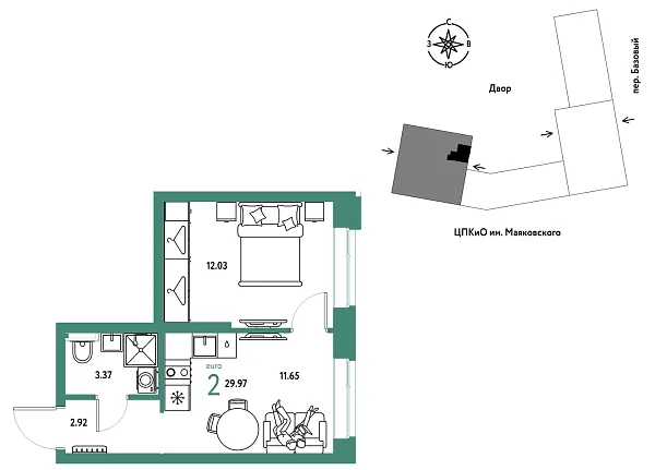 Новая 2-к квартира
 29.97 м² на 13/25 этаже в ЖК «Сибирский сад» в городе Тюмень 