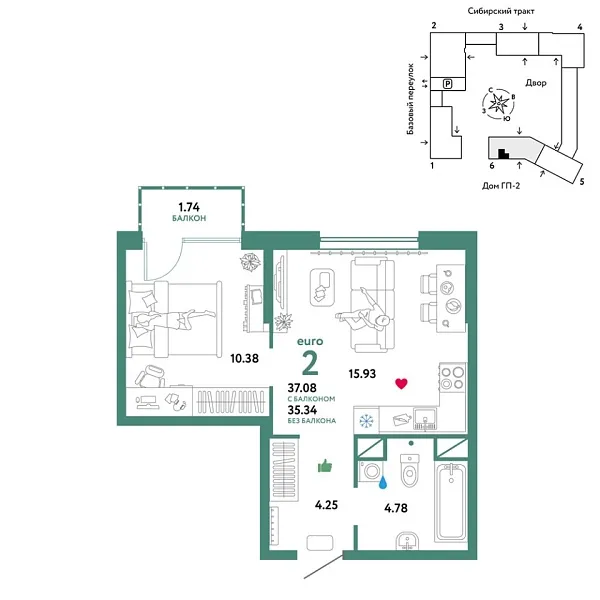 Новая 2-к квартира
 37.08 м² на 3/32 этаже в ЖК «Сибирский сад» в городе Тюмень 