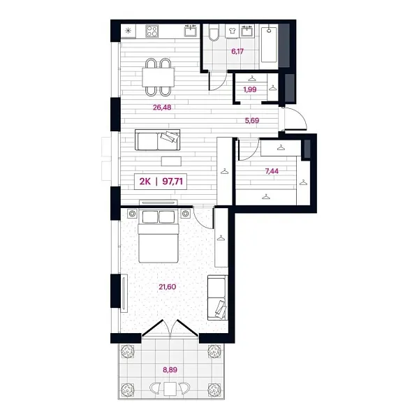 Новая 2-к квартира
 84.96 м² на 2/16 этаже в ЖК «Пушкина» в городе Тюмень 