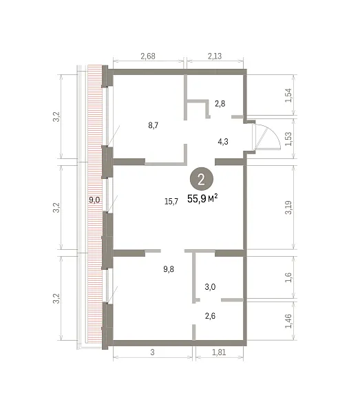 Количество комнат: 2,  55.9 кв.м.