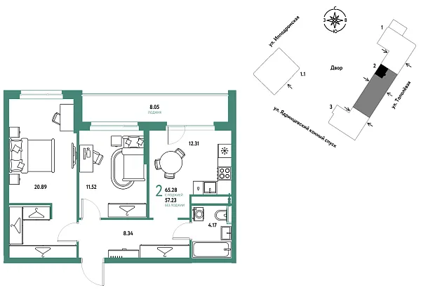 Новая 2-к квартира
 65.28 м² на 6/9 этаже в ЖК «Страна.Тополёвая» в городе Тюмень 