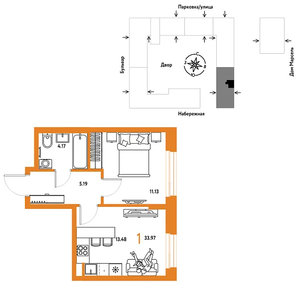 Новая 1-к квартира
 33.97 м² на 4/24 этаже в ЖК «Европейский берег 2.0» в городе Тюмень 