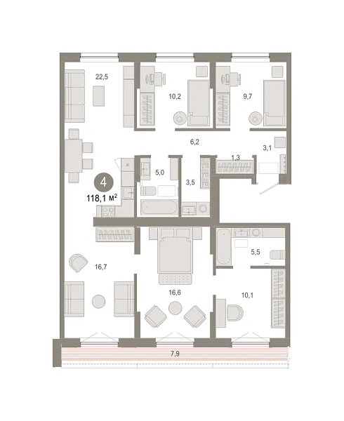 Новая 4-к квартира
 118.12 м² на 6/7 этаже в ЖК «Октябрьский на Туре» в городе Тюмень 