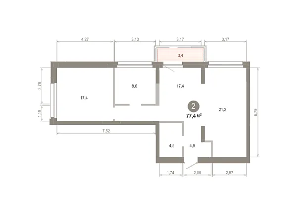 Количество комнат: 2,  77.39 кв.м.