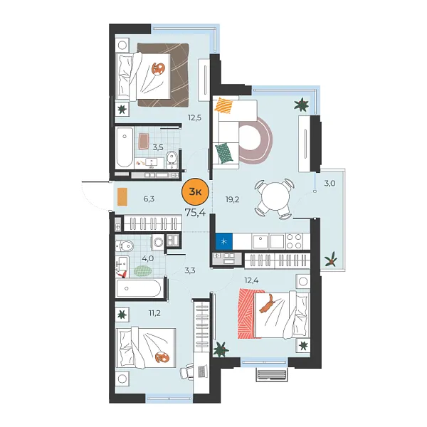 Новая 3-к квартира
 72.4 м² на 7/25 этаже в ЖК «Корней» в городе Тюмень 