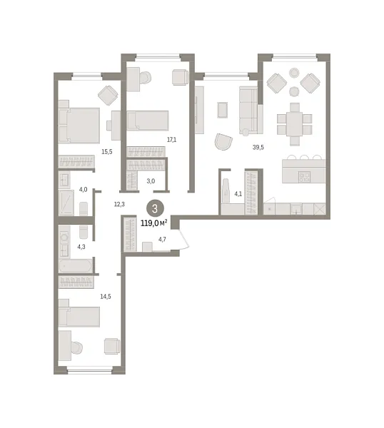 Новая 3-к квартира
 119.01 м² на 5/8 этаже в ЖК «Зарека» в городе Тюмень 