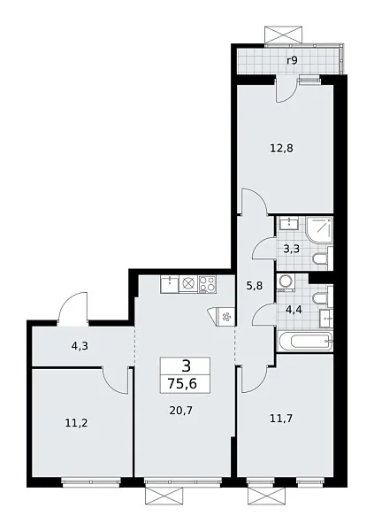 Новая 3-к квартира
 75.6 м² на 7/17 этаже в ЖК «Бунинские кварталы» в городе Тюмень 