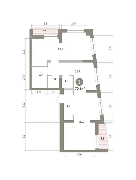 Количество комнат: 1,  70.3 кв.м.