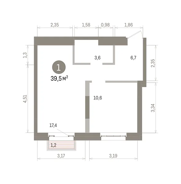 Количество комнат: 1,  39.5 кв.м.