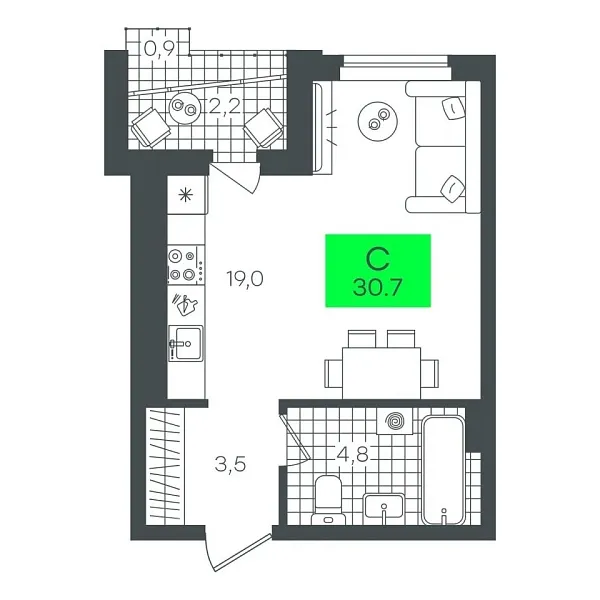 Новая квартира-студия
 30.73 м² на 3/12 этаже в ЖК «Гранд Квартал» в городе Тюмень 