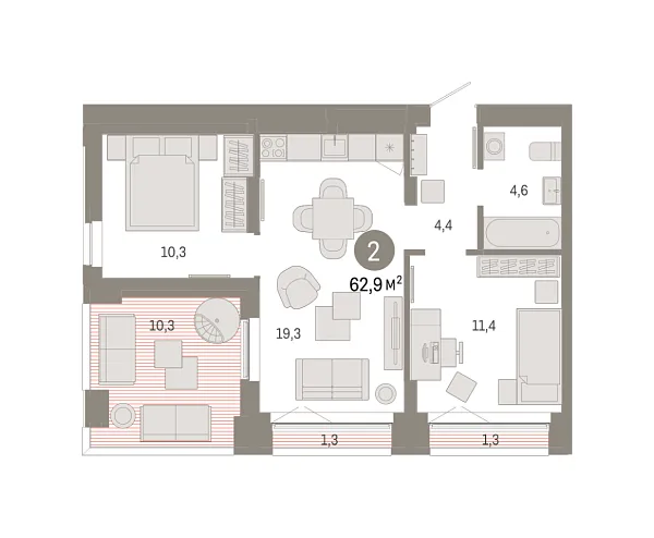 Новая 2-к квартира
 62.9 м² на 15/16 этаже в ЖК «Шишимская горка» в городе Тюмень 