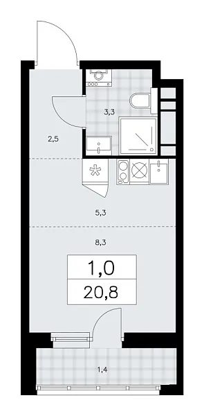 Новая 1-к квартира
 20.8 м² на 10/14 этаже в ЖК «Дзен-кварталы» в городе Тюмень 