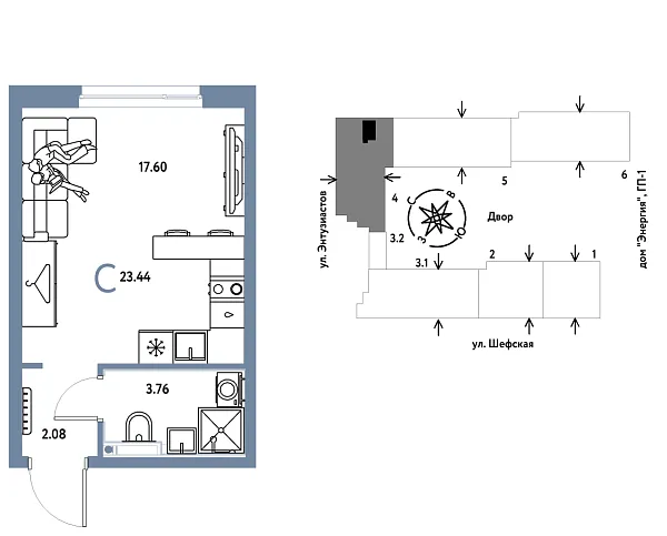 Новая квартира-студия
 23.44 м² на 8/24 этаже в ЖК «Страна.Энтузиастов» в городе Тюмень 