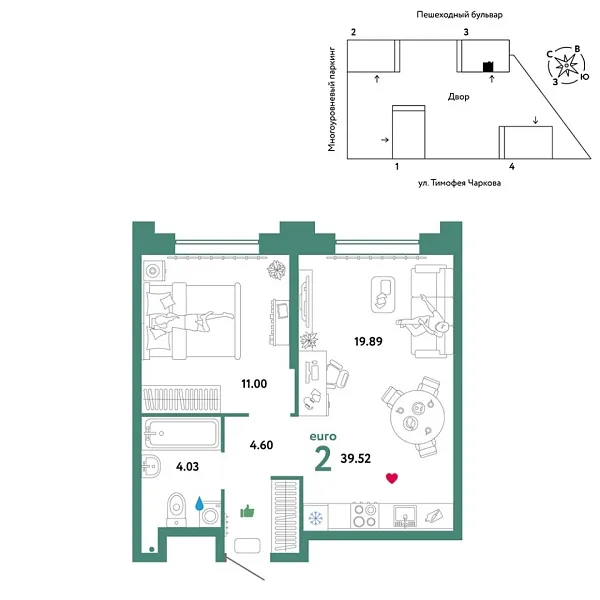 Новая 2-к квартира
 39.52 м² на 22/31 этаже в ЖК «Звёздный» в городе Тюмень 