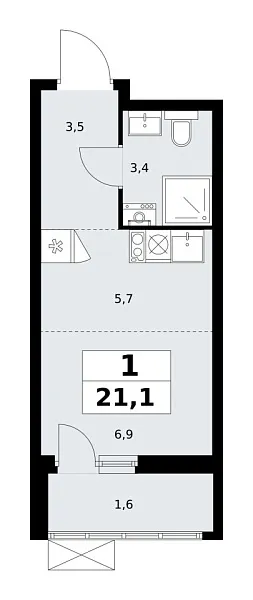 Новая 1-к квартира
 21.1 м² на 18/18 этаже в ЖК «Дзен-кварталы» в городе Тюмень 