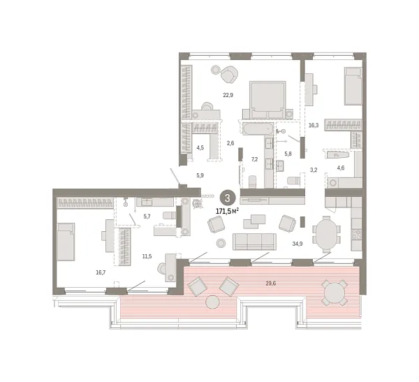 Новая 3-к квартира
 171.45 м² на 7/7 этаже в ЖК «Кварталы «На Минской»» в городе Тюмень 