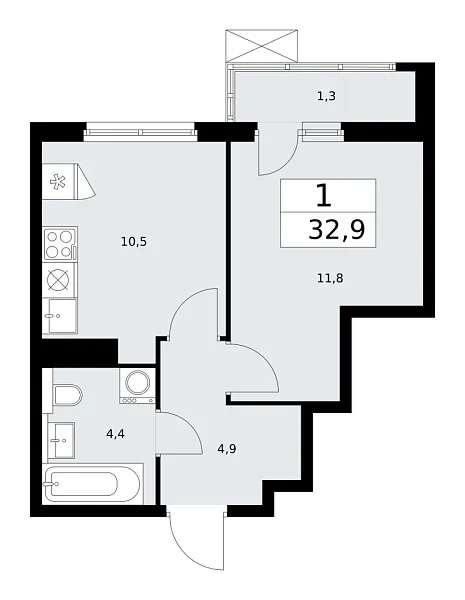 Новая 1-к квартира
 32.9 м² на 14/17 этаже в ЖК «Бунинские кварталы» в городе Тюмень 