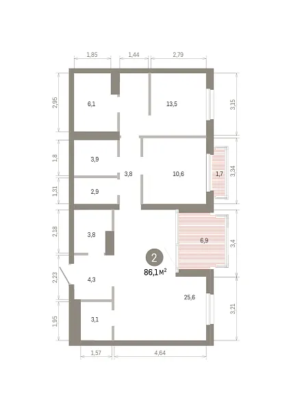 Количество комнат: 2,  86.1 кв.м.
