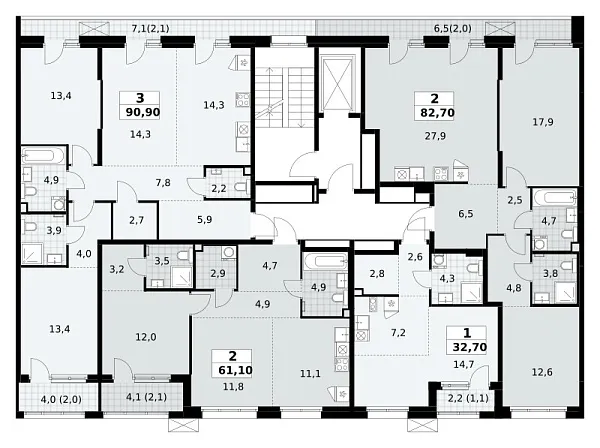 Количество комнат: 3,  90.9 кв.м.