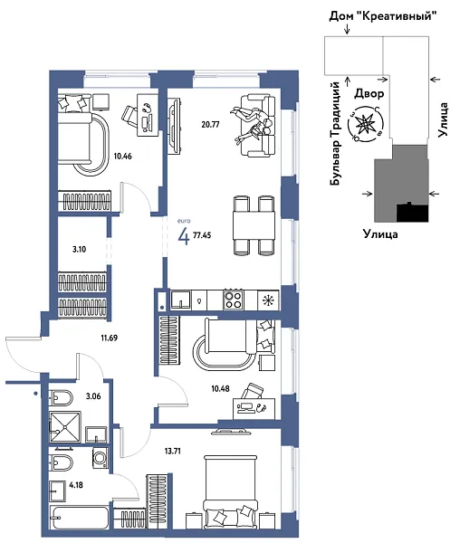 Новая 4-к квартира
 77.45 м² на 7/15 этаже в ЖК «Домашний» в городе Тюмень 