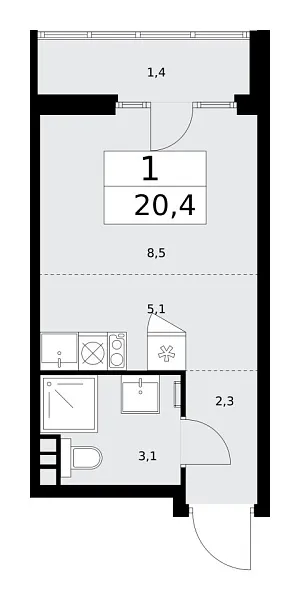 Новая 1-к квартира
 20.4 м² на 11/15 этаже в ЖК «Деснаречье» в городе Тюмень 