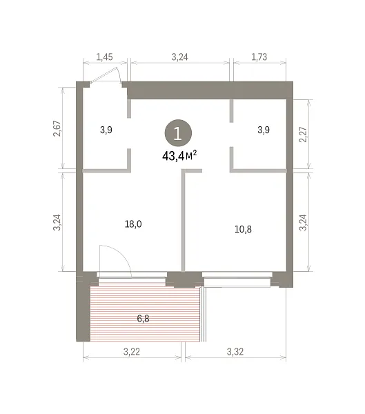 Количество комнат: 1,  43.4 кв.м.