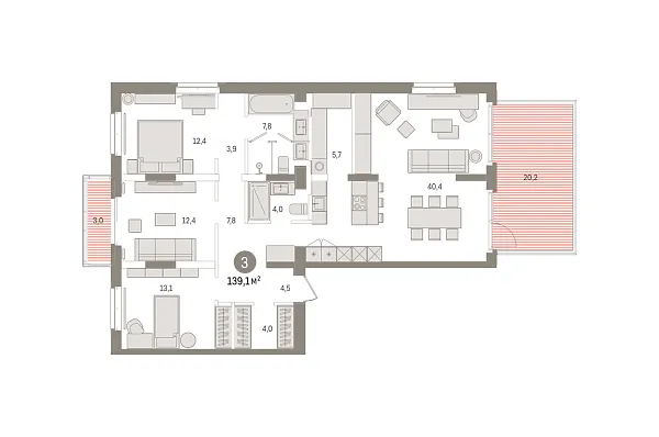 Новая 3-к квартира
 139.11 м² на 2/8 этаже в ЖК «Кварталы «На Минской»» в городе Тюмень 