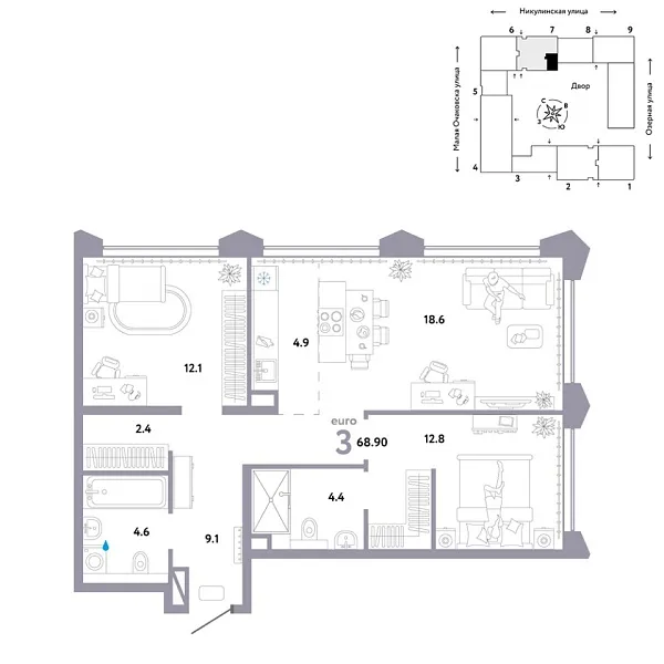 Новая 3-к квартира
 68.9 м² на 27/30 этаже в ЖК «Страна.Озёрная» в городе Тюмень 