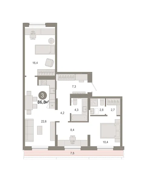 Новая 3-к квартира
 86.82 м² на 7/7 этаже в ЖК «Октябрьский на Туре» в городе Тюмень 