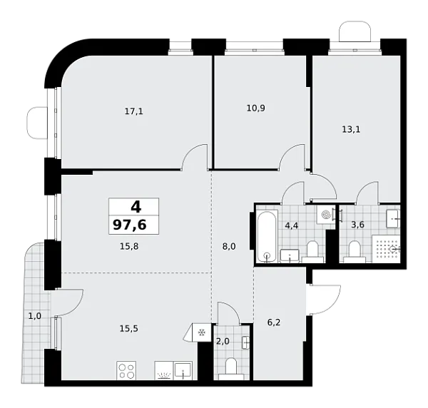Новая 4-к квартира
 97.6 м² на 13/14 этаже в ЖК «Прокшино» в городе Тюмень 
