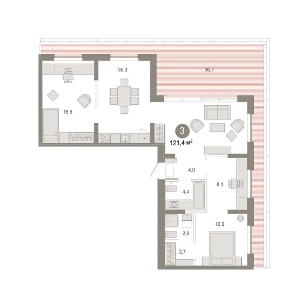 Новая 3-к квартира
 121.39 м² на 9/9 этаже в ЖК «Октябрьский на Туре» в городе Тюмень 