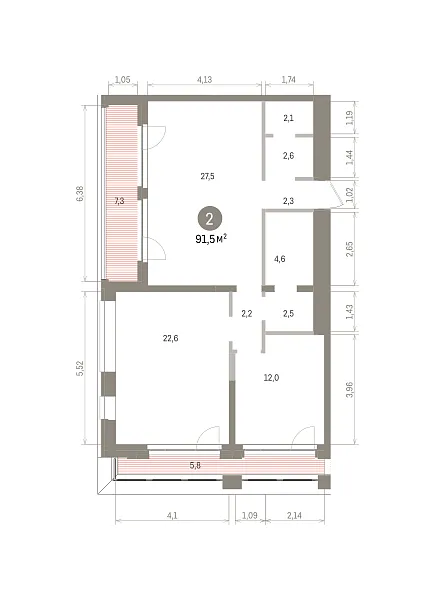 Количество комнат: 2,  91.5 кв.м.