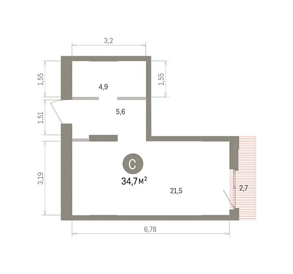Количество комнат: Студия,  34.7 кв.м.