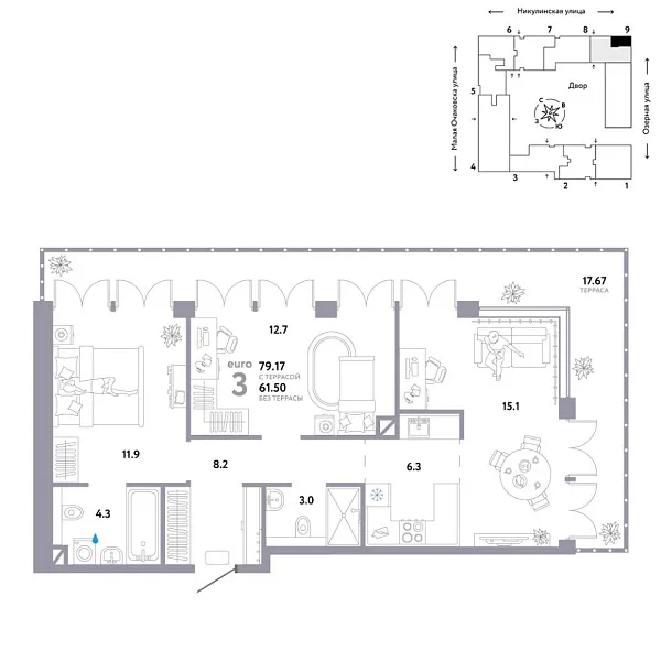 Новая 3-к квартира
 79.17 м² на 8/30 этаже в ЖК «Страна.Озёрная» в городе Тюмень 