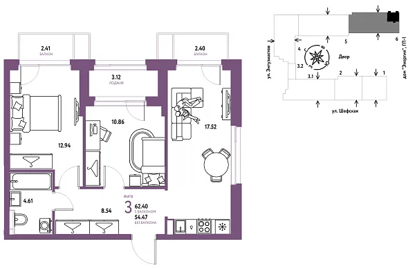 Новая 3-к квартира
 62.4 м² на 8/24 этаже в ЖК «Страна.Энтузиастов» в городе Тюмень 