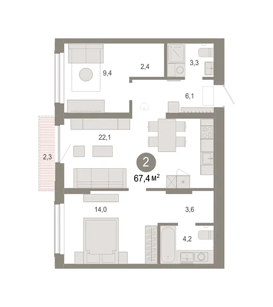 Новая 2-к квартира
 67.38 м² на 4/17 этаже в ЖК «Октябрьский на Туре» в городе Тюмень 
