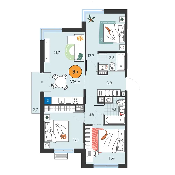Новая 3-к квартира
 75.9 м² на 3/25 этаже в ЖК «Корней» в городе Тюмень 