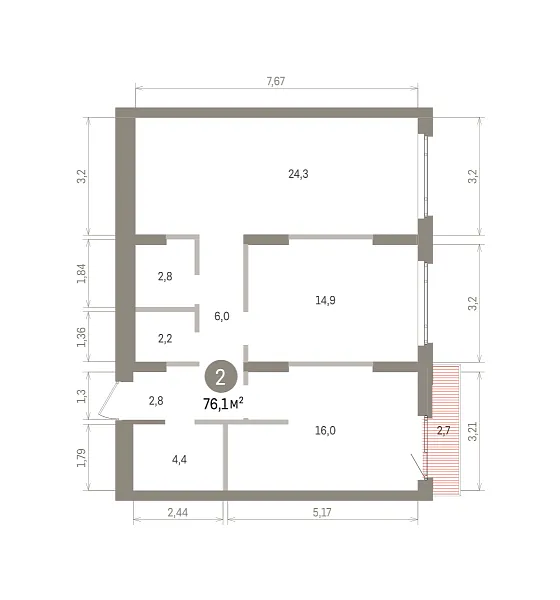 Количество комнат: 2,  76.1 кв.м.