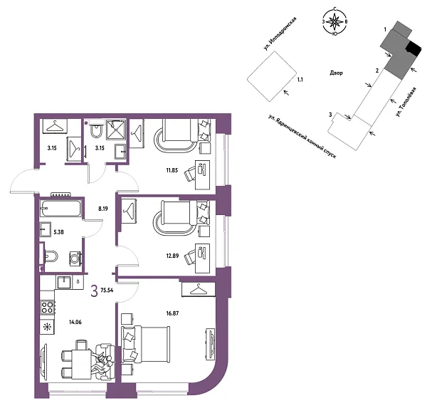 Новая 3-к квартира
 75.54 м² на 2/9 этаже в ЖК «Страна.Тополёвая» в городе Тюмень 