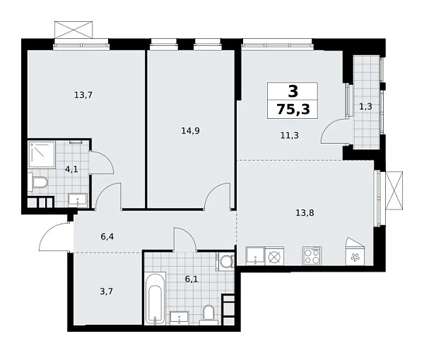 Новая 3-к квартира
 75.3 м² на 14/24 этаже в ЖК «Южные сады» в городе Тюмень 