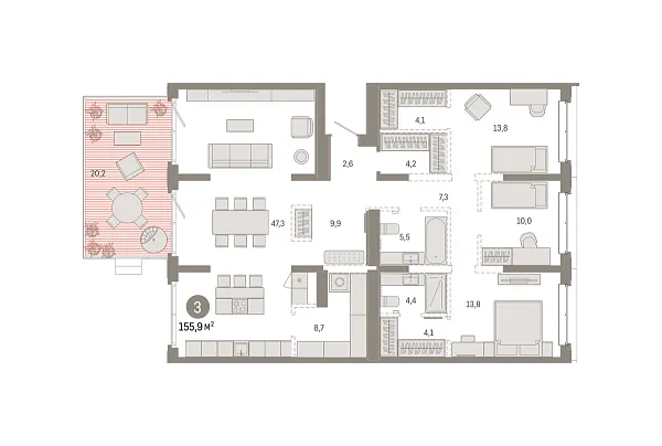 Новая 3-к квартира
 155.85 м² на 2/7 этаже в ЖК «Кварталы «На Минской»» в городе Тюмень 