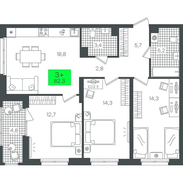 Новая 3-к квартира
 82.37 м² на 5/22 этаже в ЖК «Гранд Квартал» в городе Тюмень 