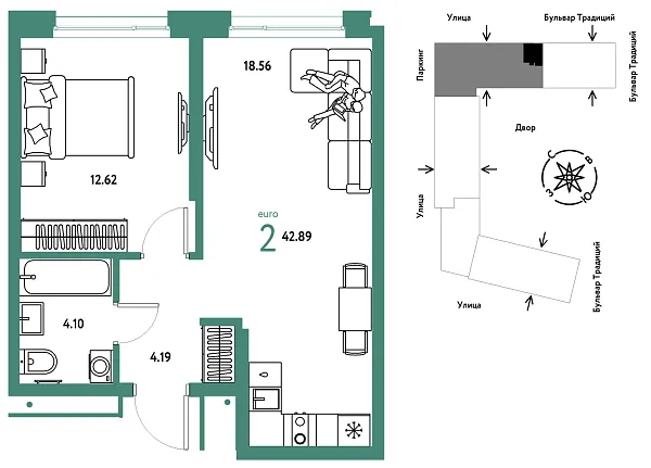 Новая 2-к квартира
 42.89 м² на 4/15 этаже в ЖК «Домашний» в городе Тюмень 