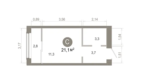 Количество комнат: Студия,  21.14 кв.м.