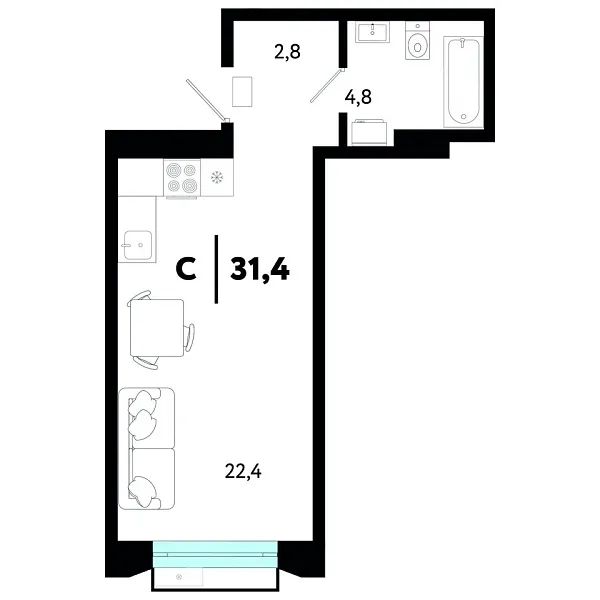 Новая квартира-студия
 31.44 м² на 2/4 этаже в ЖК «Кедровый берег» в городе Тюмень 