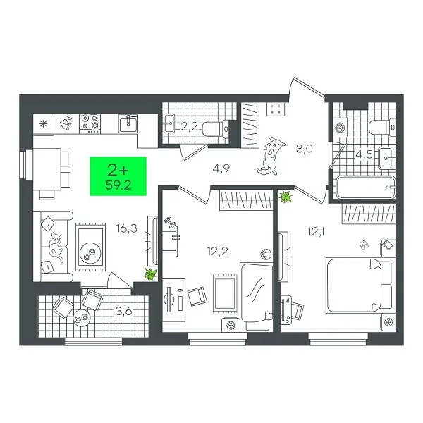 Количество комнат: 2,  59.22 кв.м.
