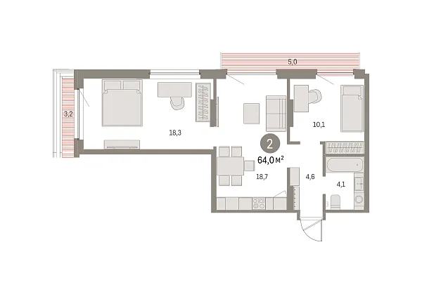 Новая 2-к квартира
 63.98 м² на 8/9 этаже в ЖК «Брусника в Академическом» в городе Тюмень 